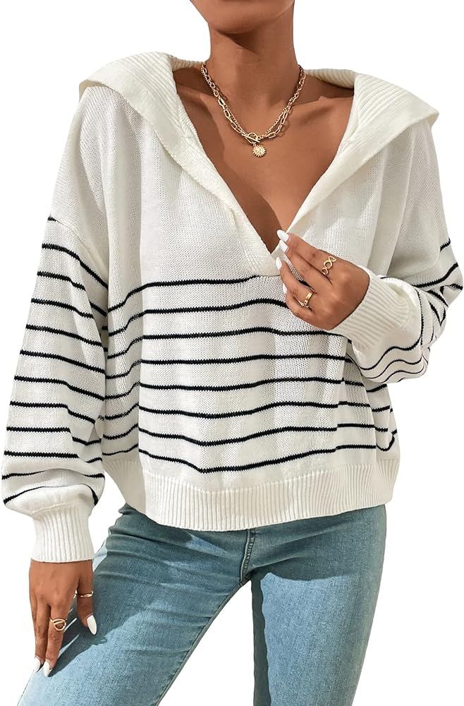 Verdusa Women's Long Sleeve Striped Pullover Sweaters V Neck Collar Knit Loose Jumper Tops | Amazon (US)