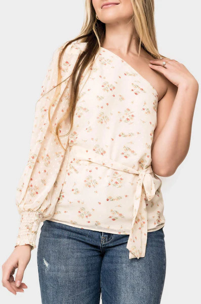 Lovely One Shoulder Smocked Cuff Blouse | Gibsonlook
