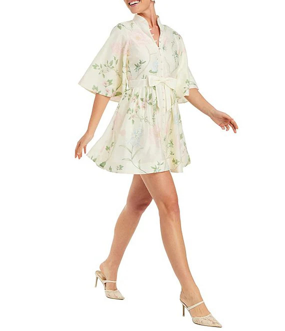 Carmen Pastel Floral Print Mandarin Collar 3/4 Full Sleeve Bow Tie Mini A-Line Dress | Dillard's