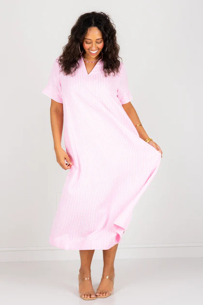 Dahlia Pink Seersucker Short Sleeve Maxi Dress | The Willow Tree