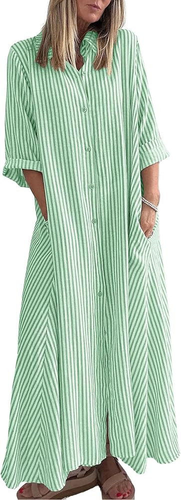 chouyatou Women 2026 Summer Boho Striped Maxi Shirt Dress 3/4 Sleeve Business Casual Button Down ... | Amazon (US)