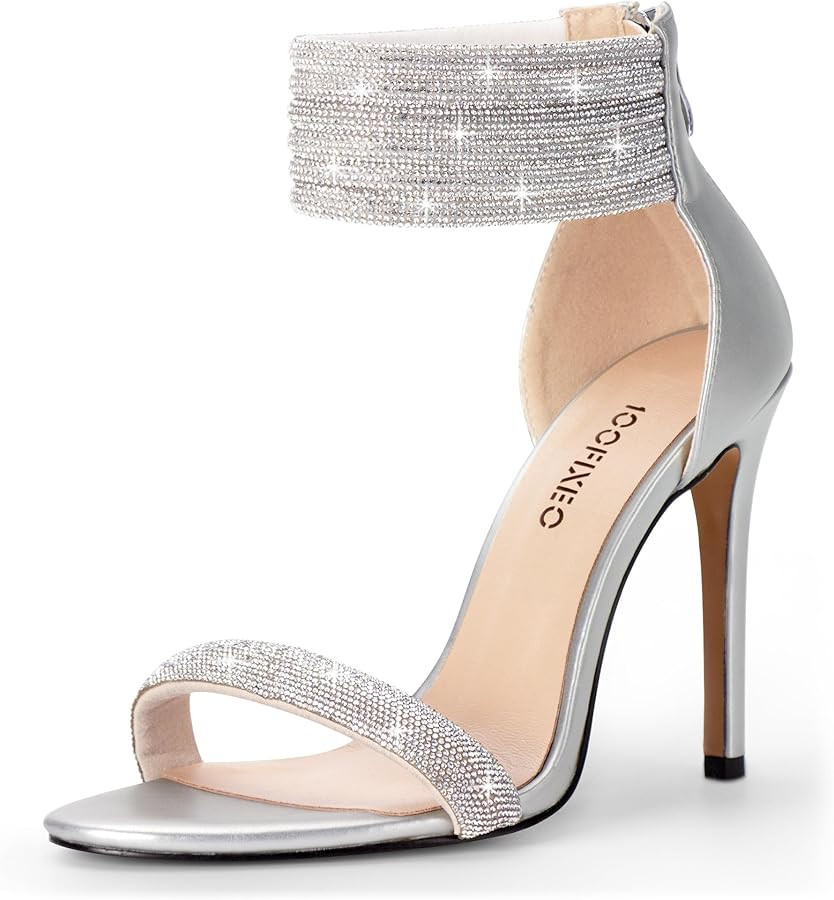 100FIXEO Sexy High Heeled Rhinestone Sandals Elegant Open Toe ankle strap Stiletto Heel Wedding D... | Amazon (US)