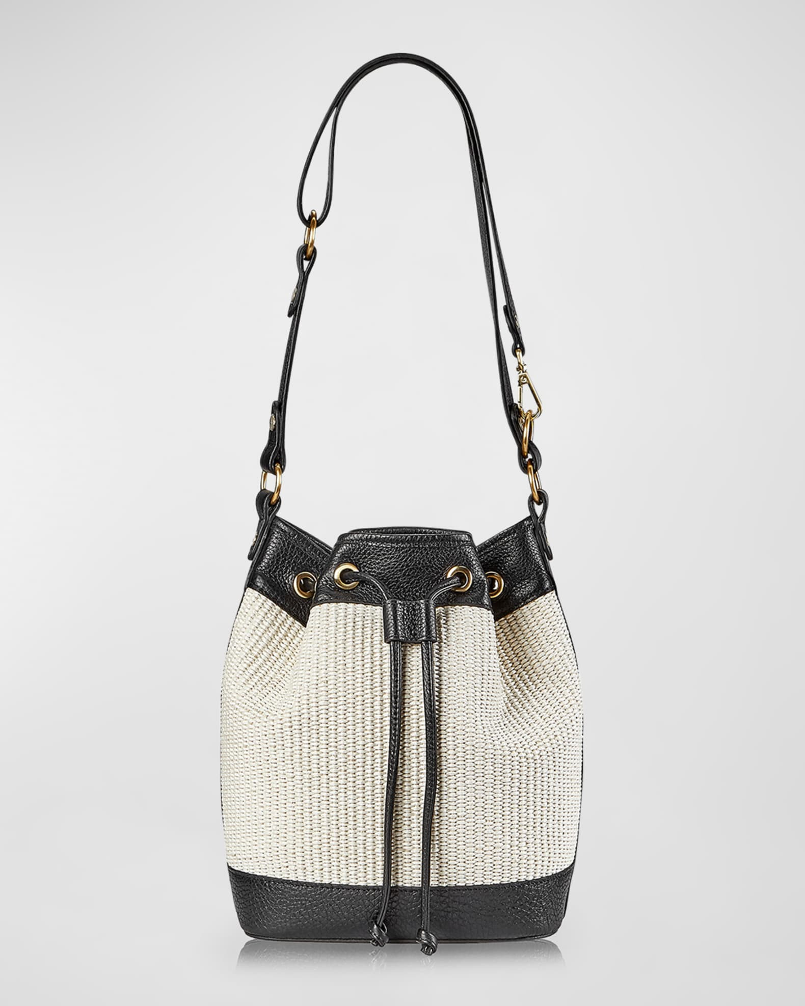 Cassie Drawstring Raffia and Leather Bucket Bag | Neiman Marcus