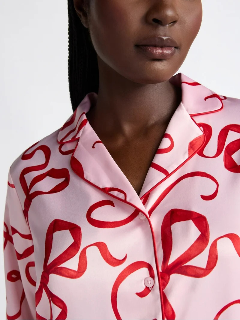 Joyspun Women’s Stretch Satin Notch Long Sleeve Top and Shorts Pajama Set, 2-Piece, Sizes XS-3X | Walmart (US)