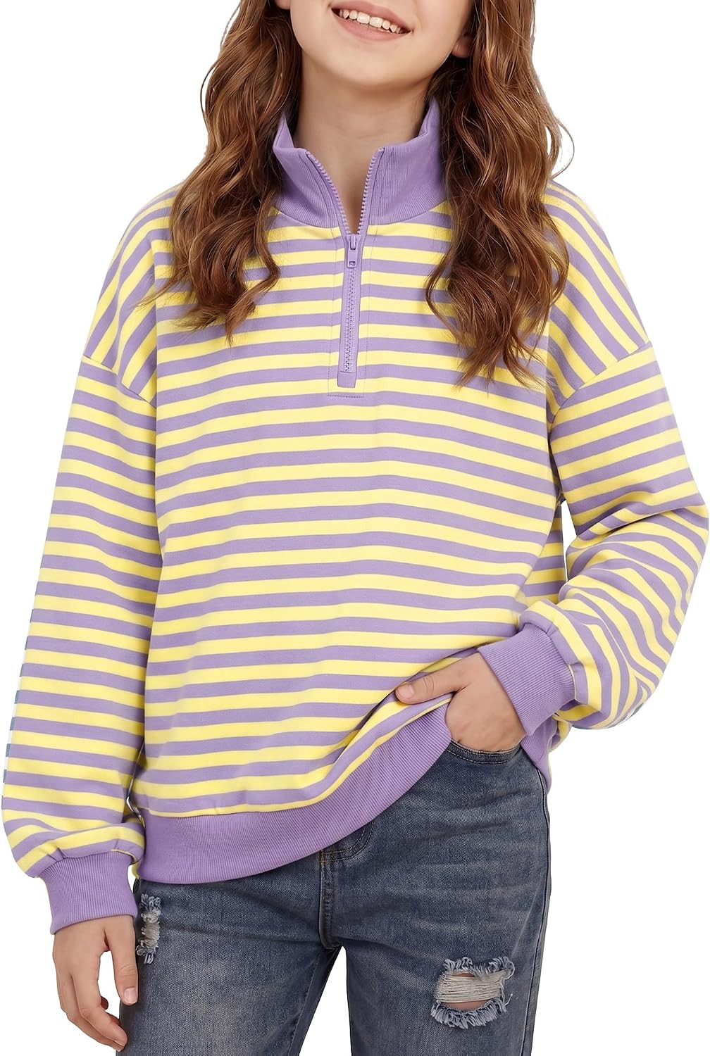 Girls Striped Quarter Zip Sweatshirt Cotton Pullover Age 7-18 | Amazon (US)