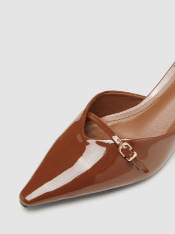 BUCKLE POINTED TOE FAUX PATENT LEATHER HEELS For Daily Casual | Cider