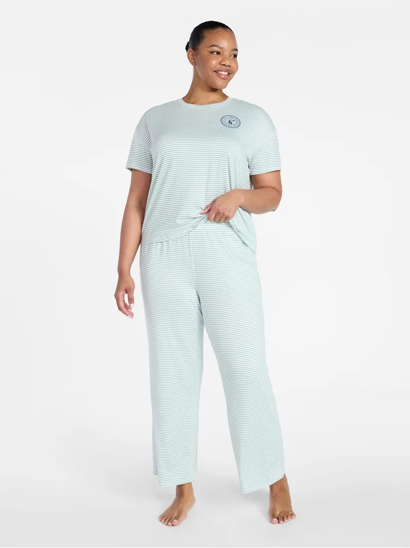 Joyspun Women's Dreamy Soft Collection Short Sleeve Sleep Top and Open Leg Pants Pajama Set, 2-Pi... | Walmart (US)