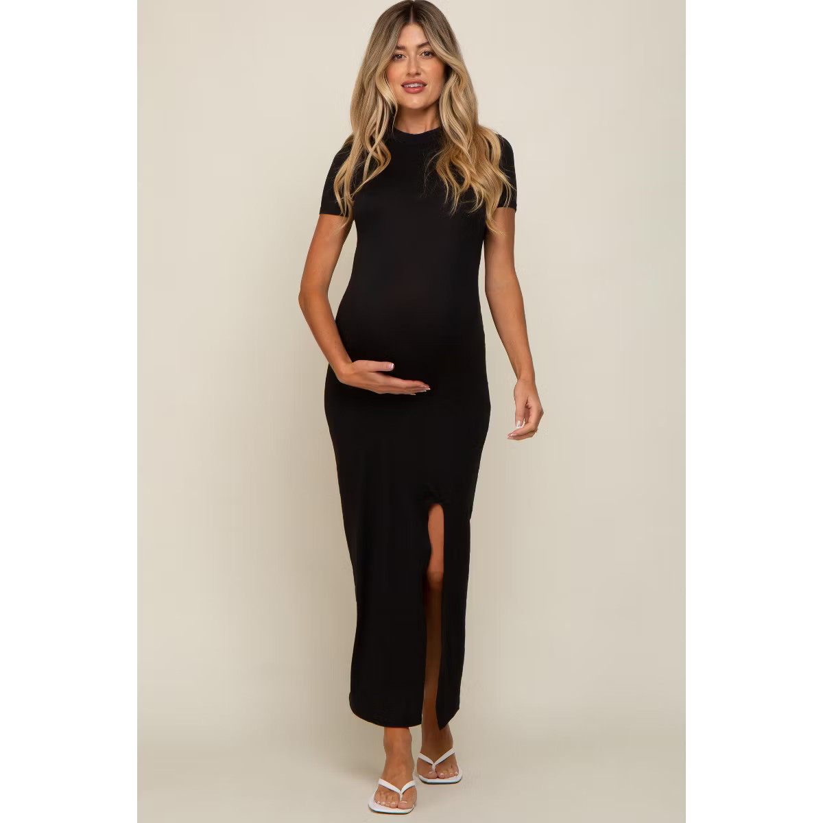 PinkBlush Black Mock Neck Front Slit Short Sleeve Maternity Maxi Dress | Target