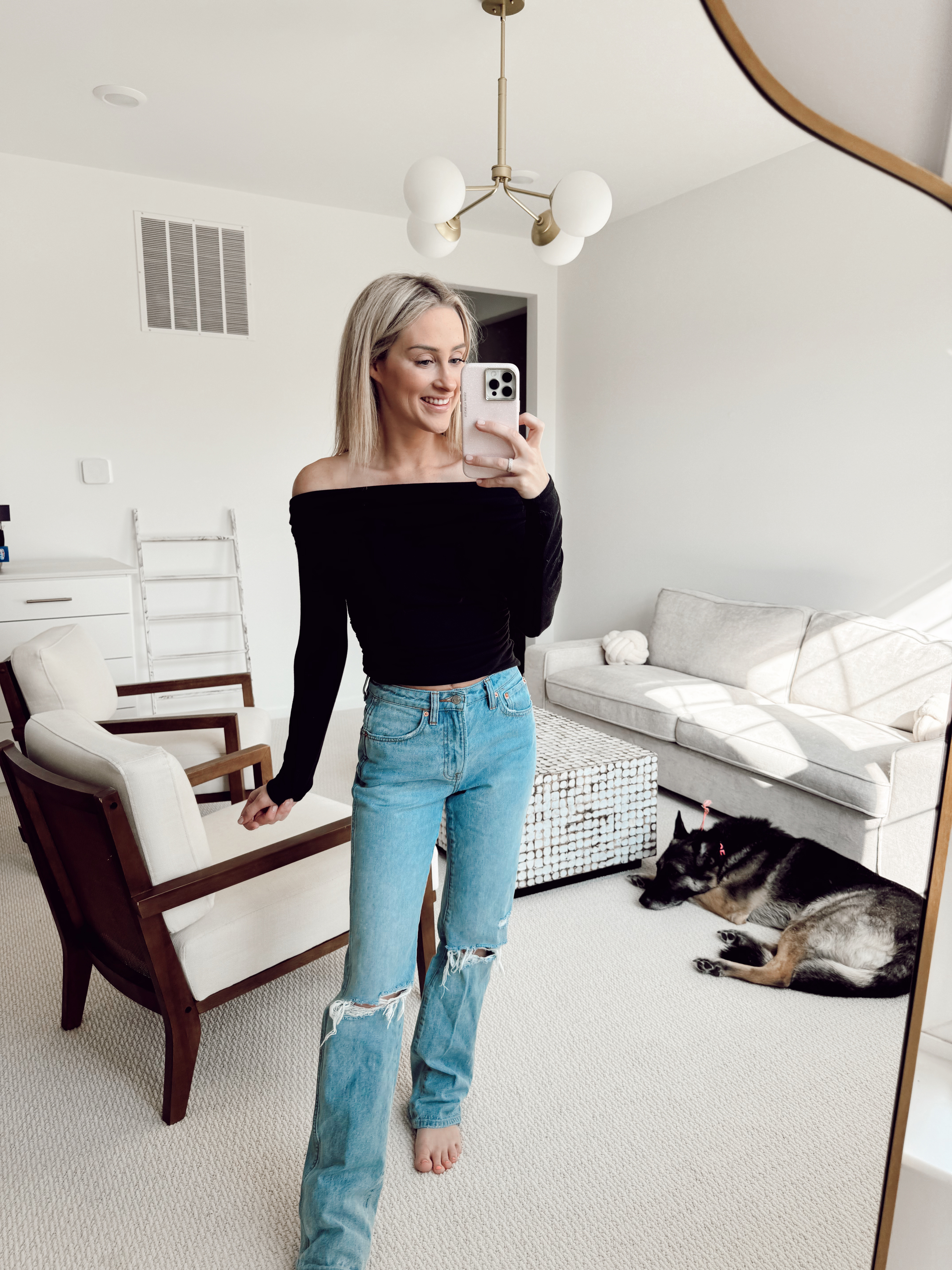 Off the shoulder top, revolve jeans, mom jeans, straight jeans, black long sleeve 

#LTKSaleAlert #LTKFindsUnder50 #LTKStyleTip