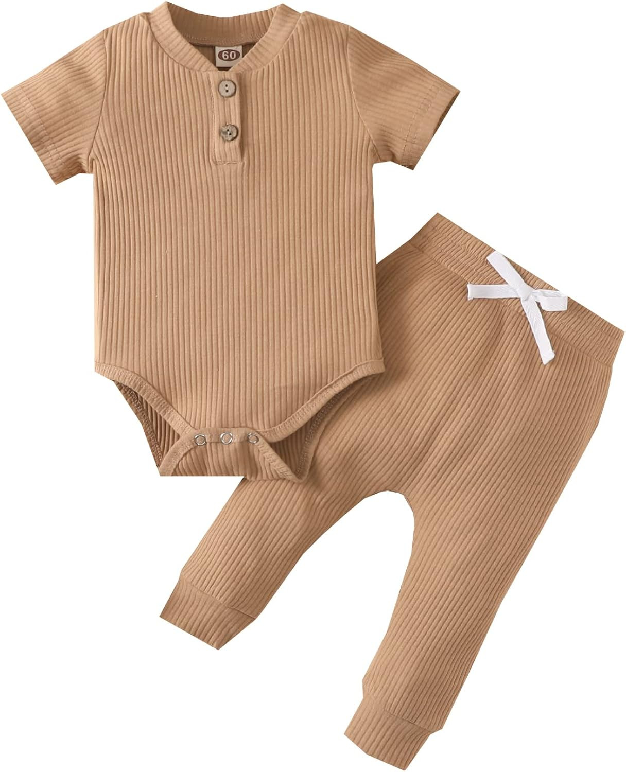 Newborn Baby Girl Boy Clothes Ribbed Knitted Cotton Short Sleeve Romper Unisex Outfit Pants Set | Amazon (US)