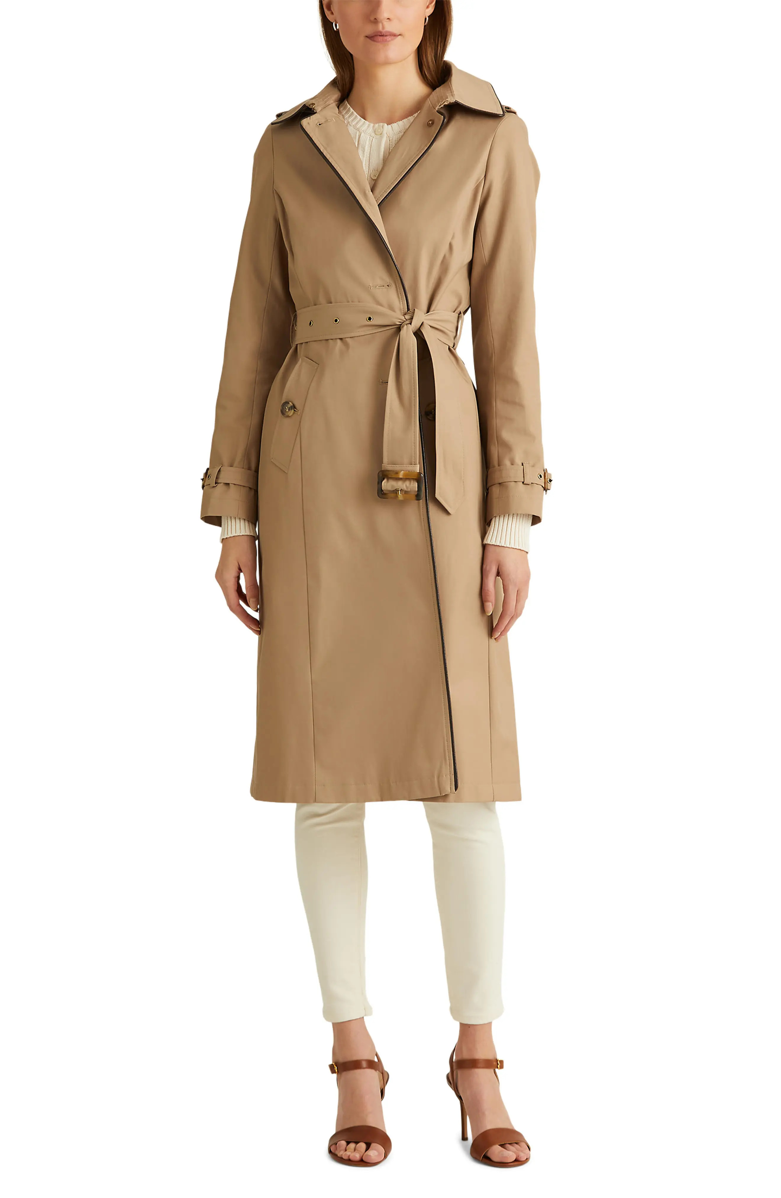 Lauren Ralph Lauren Water Resistant Cotton Blend Trench Coat with Removable Hood in Sand at Nordstro | Nordstrom