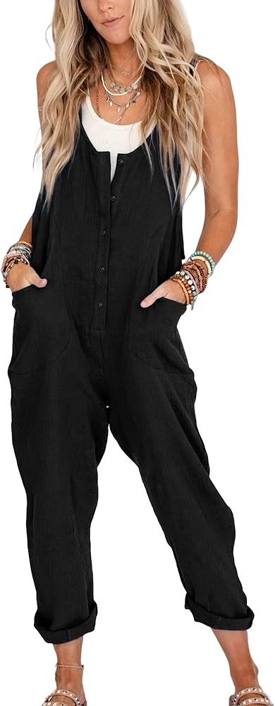 Womens Overalls Linen Cotton Jumpsuits Loose Casual Jumpers with Pockets | Amazon (US)