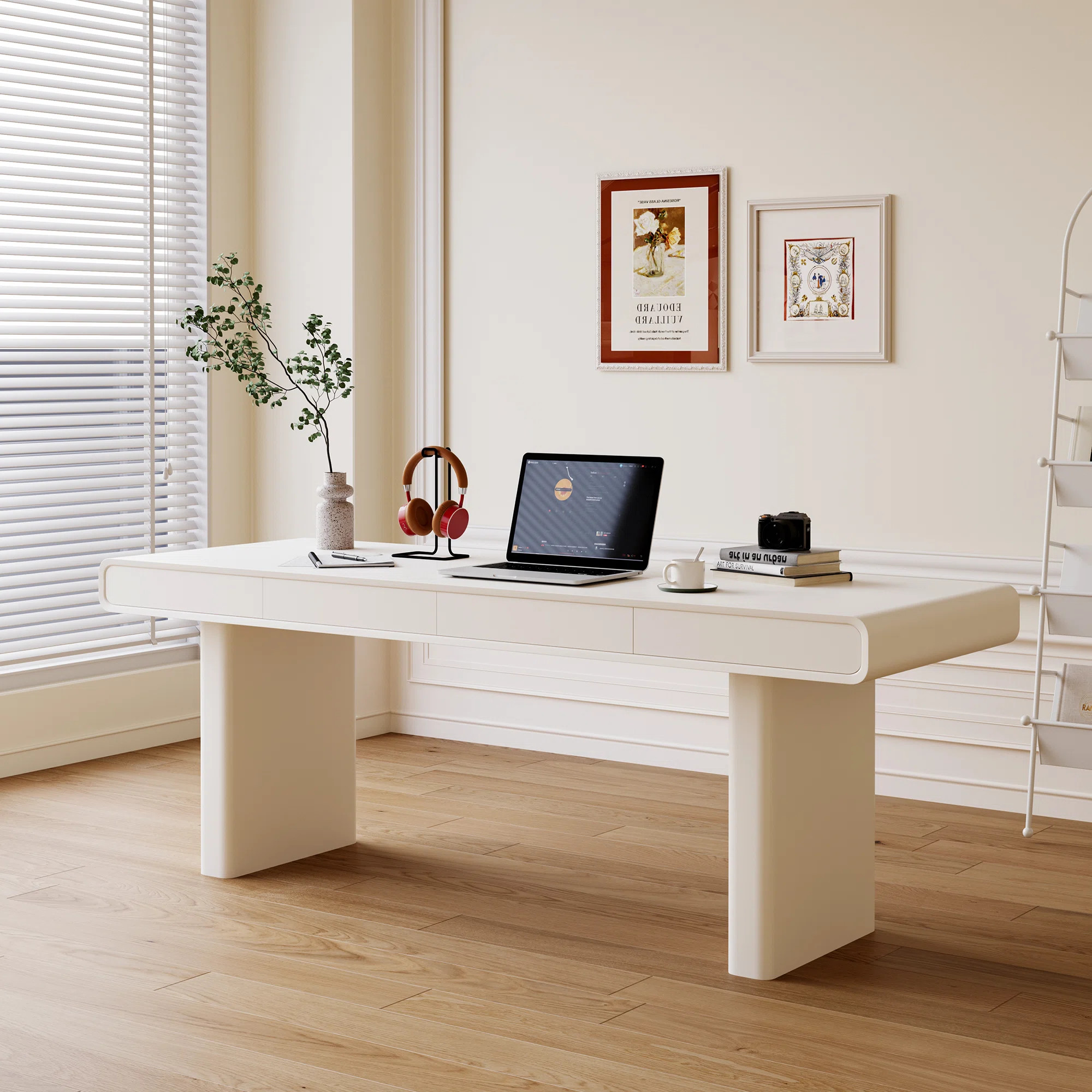 63" Modern Storage Desk in Soft Ivory - Spacious Home Office Writing Table with 4 Drawers & Cable... | Wayfair North America