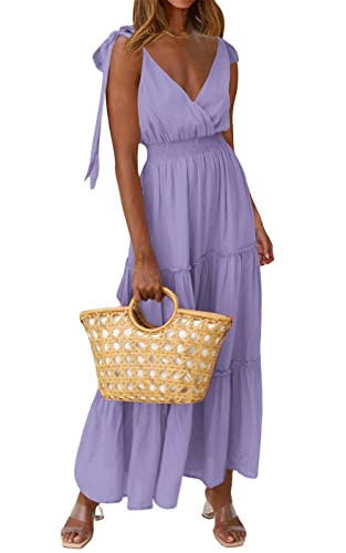 PRETTYGARDEN Women's Cross Neck Summer Sleeveless Tiered Maxi Dress Beach Tie Strap Smocked Long Dresses Pleated Sundress (Purple,Small) | Amazon (US)