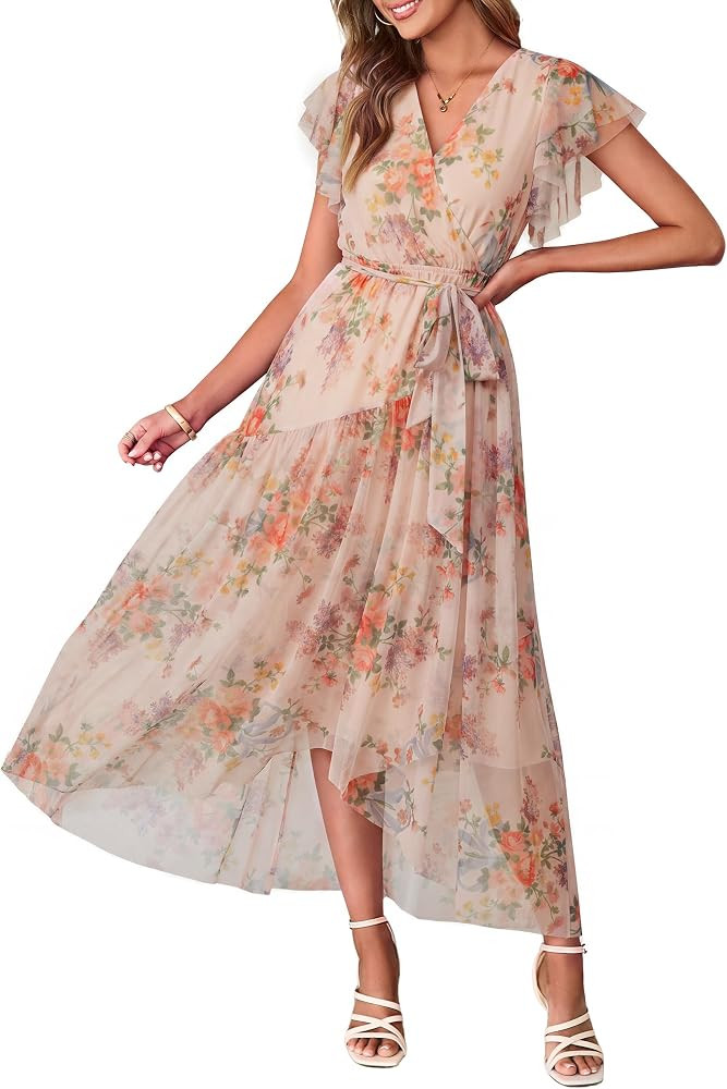 Simplee Womens Floral Belted Boho Flowy Beach Wedding Guest Maxi Dress | Amazon (US)