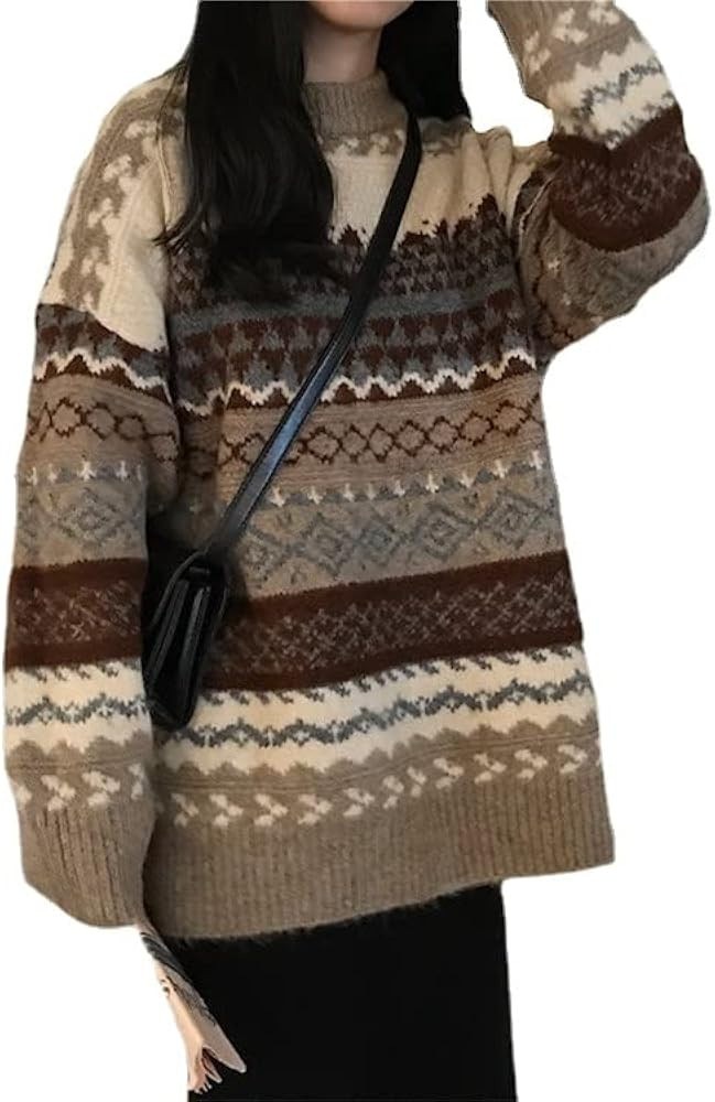 Vintage Stripe Print Long Sleeve Sweater for Women Geometric Pattern Knitted Preppy Oversized Pul... | Amazon (US)