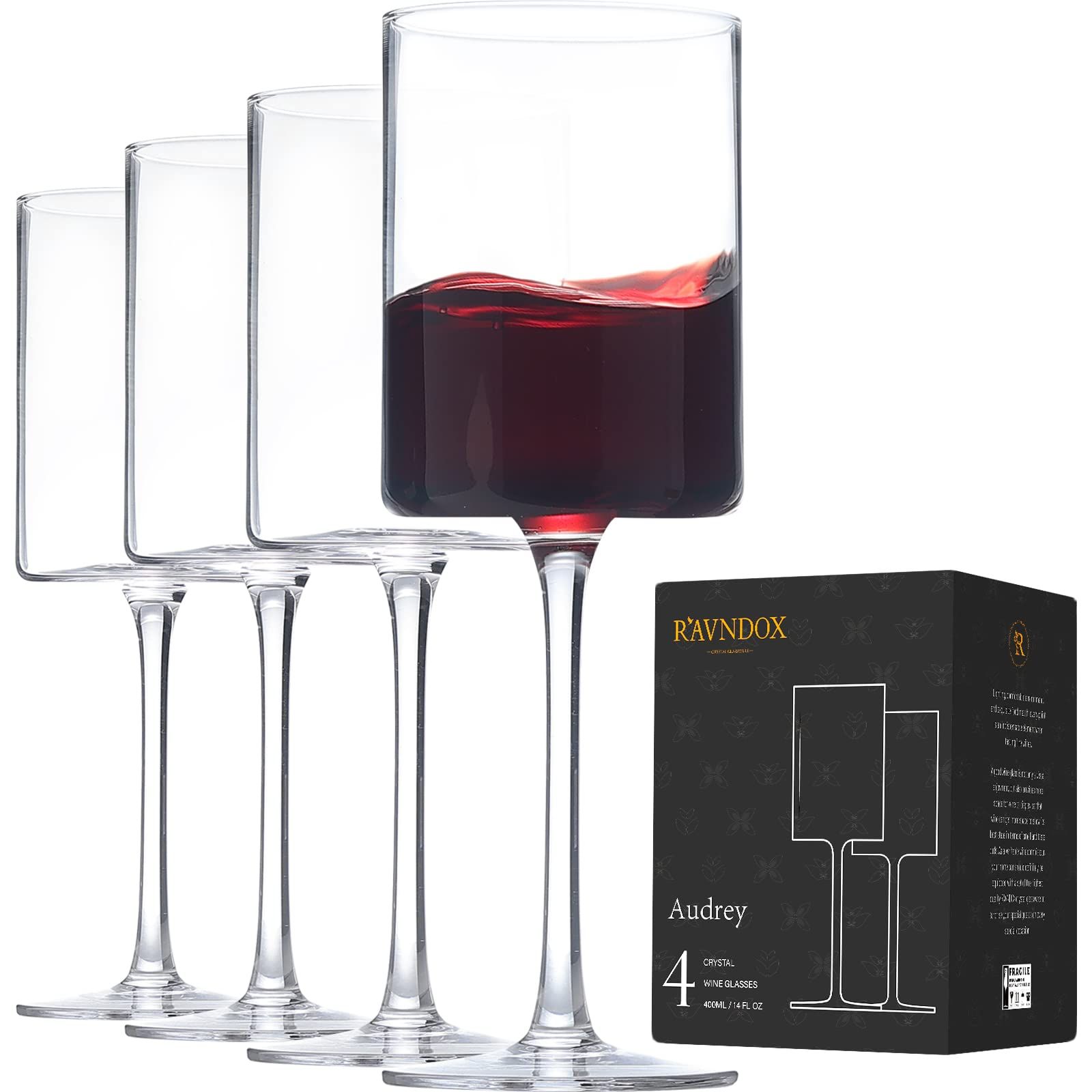RAVNDOX Square Wine Glasses, WG4 White or Red Wine Glasses Set of 4, 14 Ounce Hand Blown Edge - M... | Amazon (US)