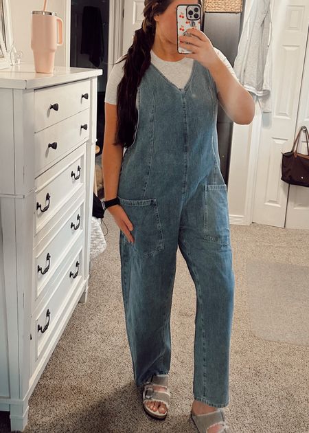 Amazon version of the Free People high roller jumpsuit — the best denim onesie. Wearing xl but wish I’d gotten a large. Runs big. Can’t wait to wear in the summer when I haven’t tanned my legs! 
