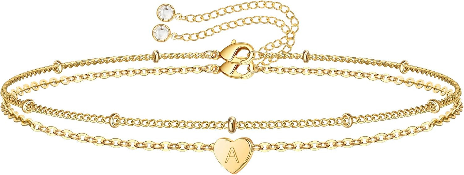 Valentines Day Gifts for Kids Girls - Dainty Heart Initial Bracelets for Women 14K Gold Filled Ha... | Amazon (US)