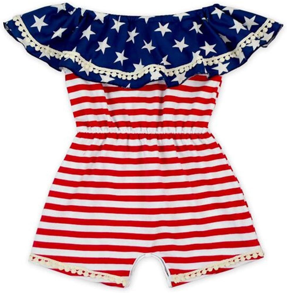 UNIQUEONE 4th of July Toddler Baby Girl Romper American Flag Stars Stripes Romper Jumpsuit | Amazon (US)