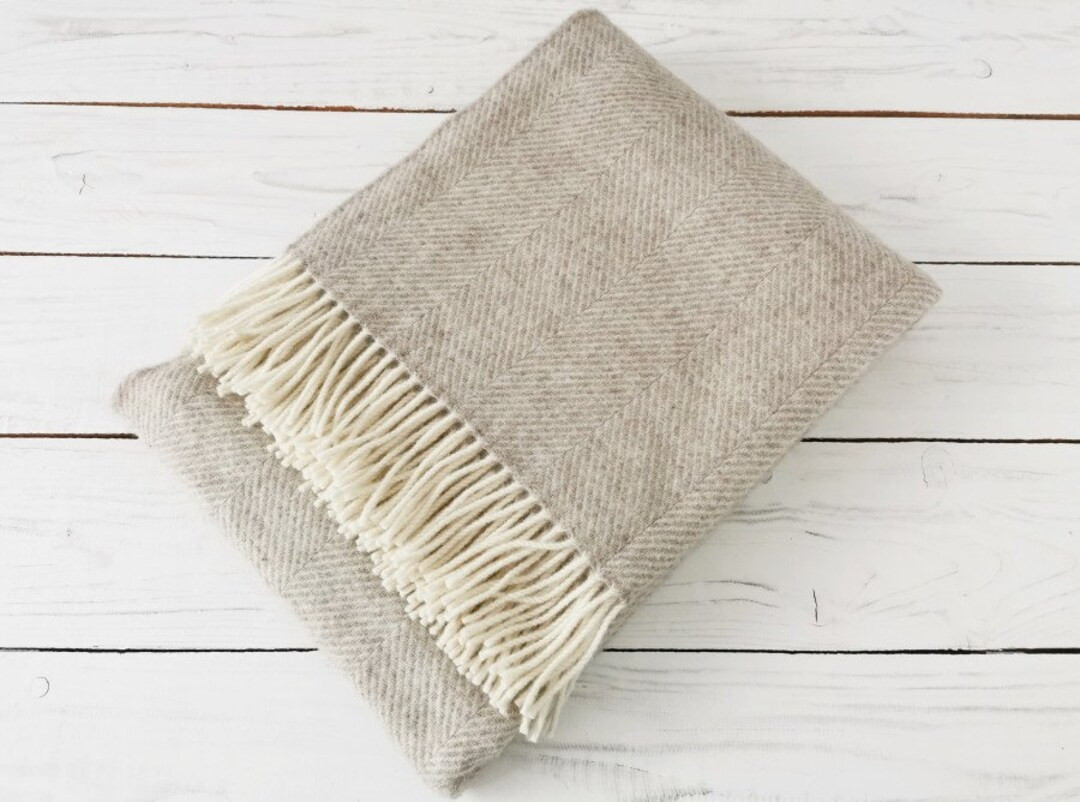 Natural Beige Undyed Sheep Wool Herringbone Pattern Plaid Blanket Throw With Fringes Outdoor Scan... | Etsy (US)