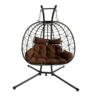 Double Hanging Egg Chair With Stand, Patio Swing Loveseat With Cushions, Indoor And Outdoor, Brown | Wayfair North America