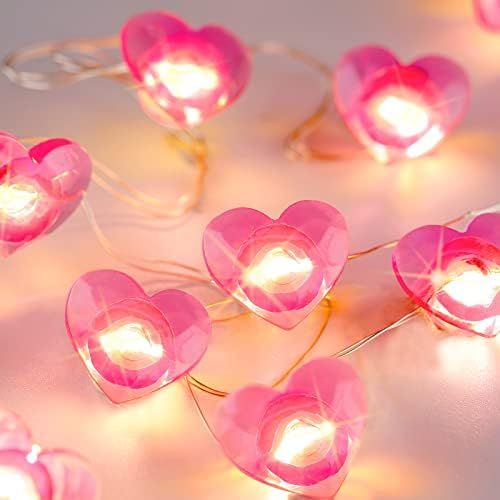 16Ft 50LEDs Valentine's Day Heart Shape String Lights Twinkle Fairy Lights Battery Operated with Tim | Amazon (US)