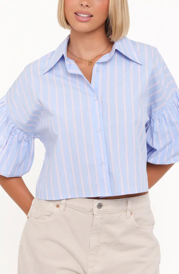 Zella Stripe Puff Sleeve Cotton Button-Up Shirt | Nordstrom