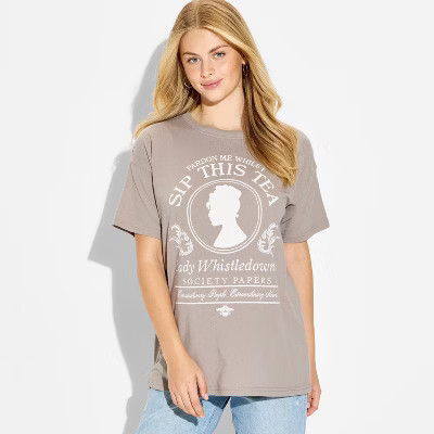 Women's Bridgerton Lady Whistledown Oversized Short Sleeve Graphic T-Shirt - Taupe XS | Target