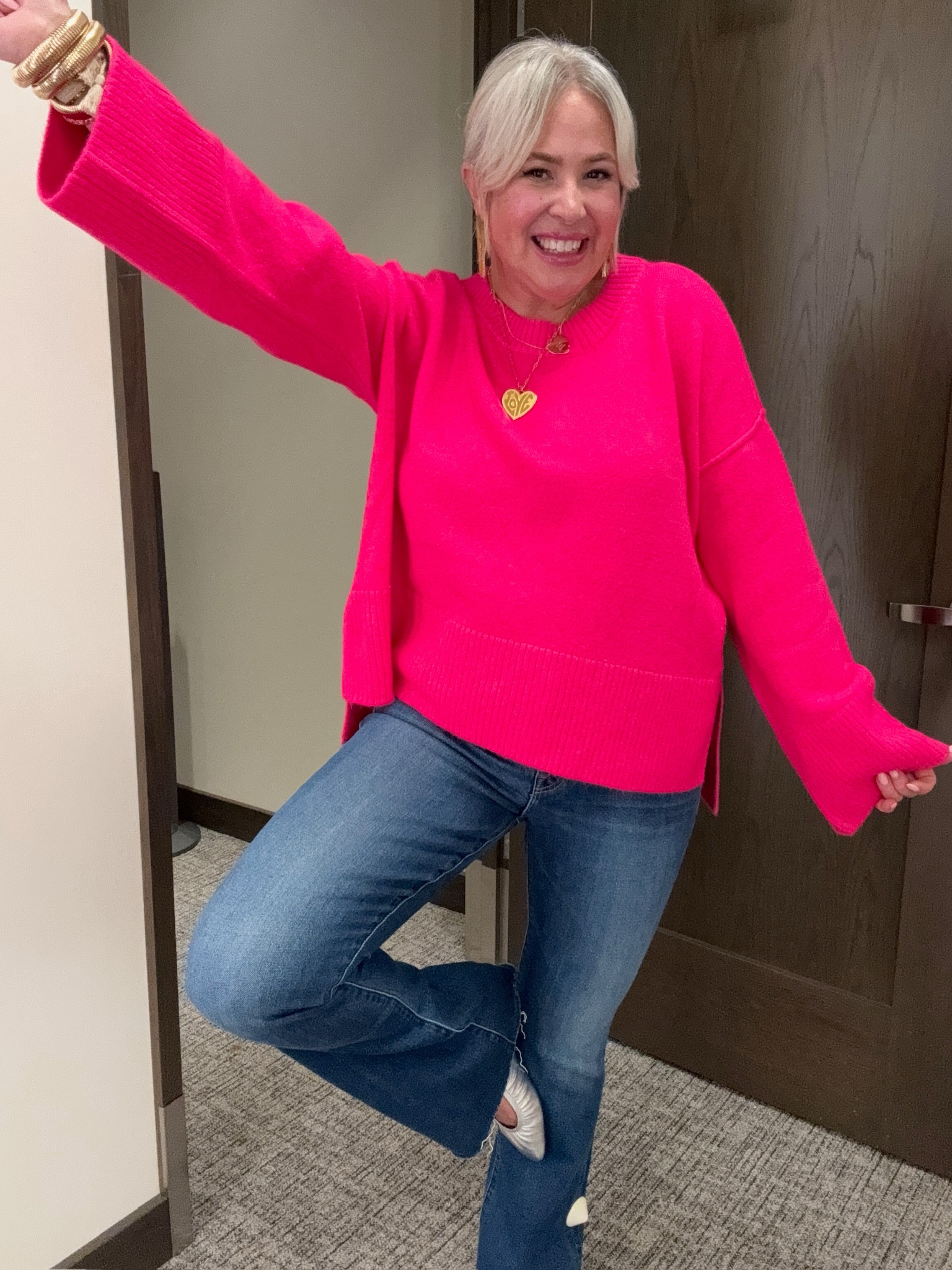 Nordstrom Anniversary Sale try on!

Pink girlie! Love this hot pink sweater! Loved it with these flare jeans and silver flats! 
Size large & so soft 

#LTKxNSale #LTKSaleAlert #LTKSummerSales