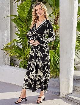 MISSKY Women's Casual Bohemian Floral Printed Sexy V Neck Long Sleeve Beach Flowy Maxi Dress | Amazon (US)