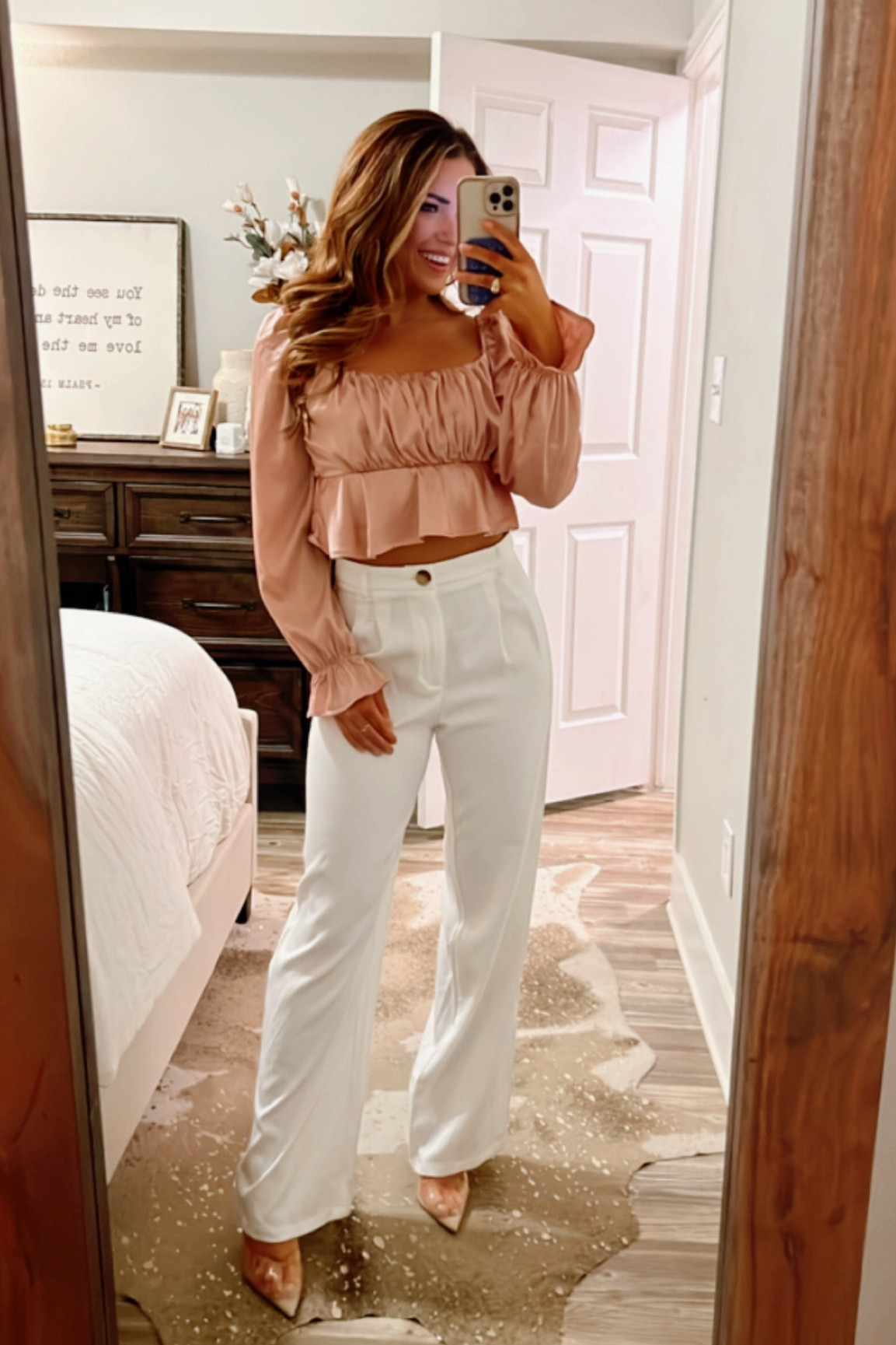 Galentines valentines date night girls night outfit with pink satin crop top and white trouser pants 

#LTKworkwear #LTKstyletip #LTKunder50