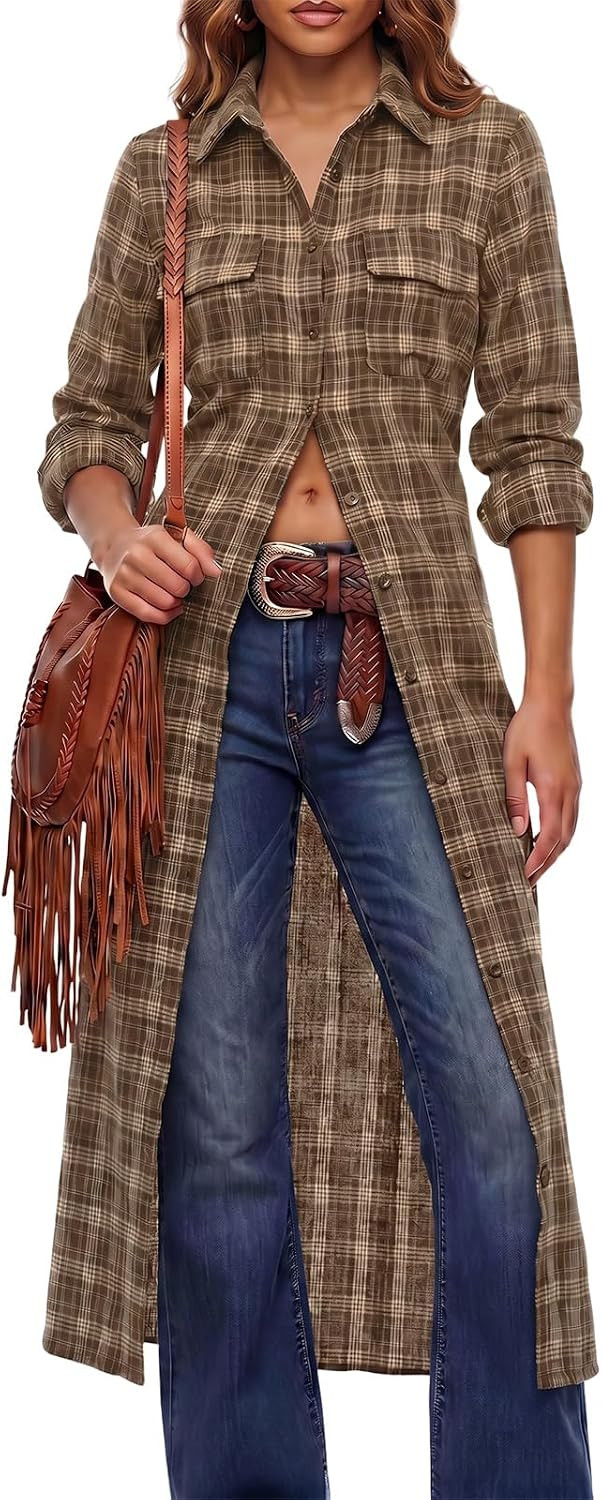 Wenrine Womens Plaid Shacket Button Down Long Flannel Shirt Jacket | Amazon (US)
