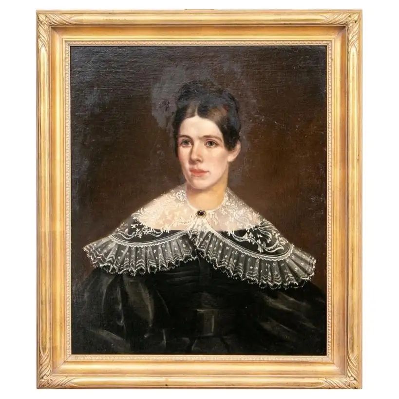 19th C. Oil on Panel, Portrait of a Lady with Lace Collar | 1stDibs