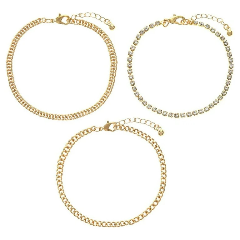 Time and Tru Women's Gold Tone and Cubic Zirconia Bracelet Set, 3-Piece - Walmart.com | Walmart (US)