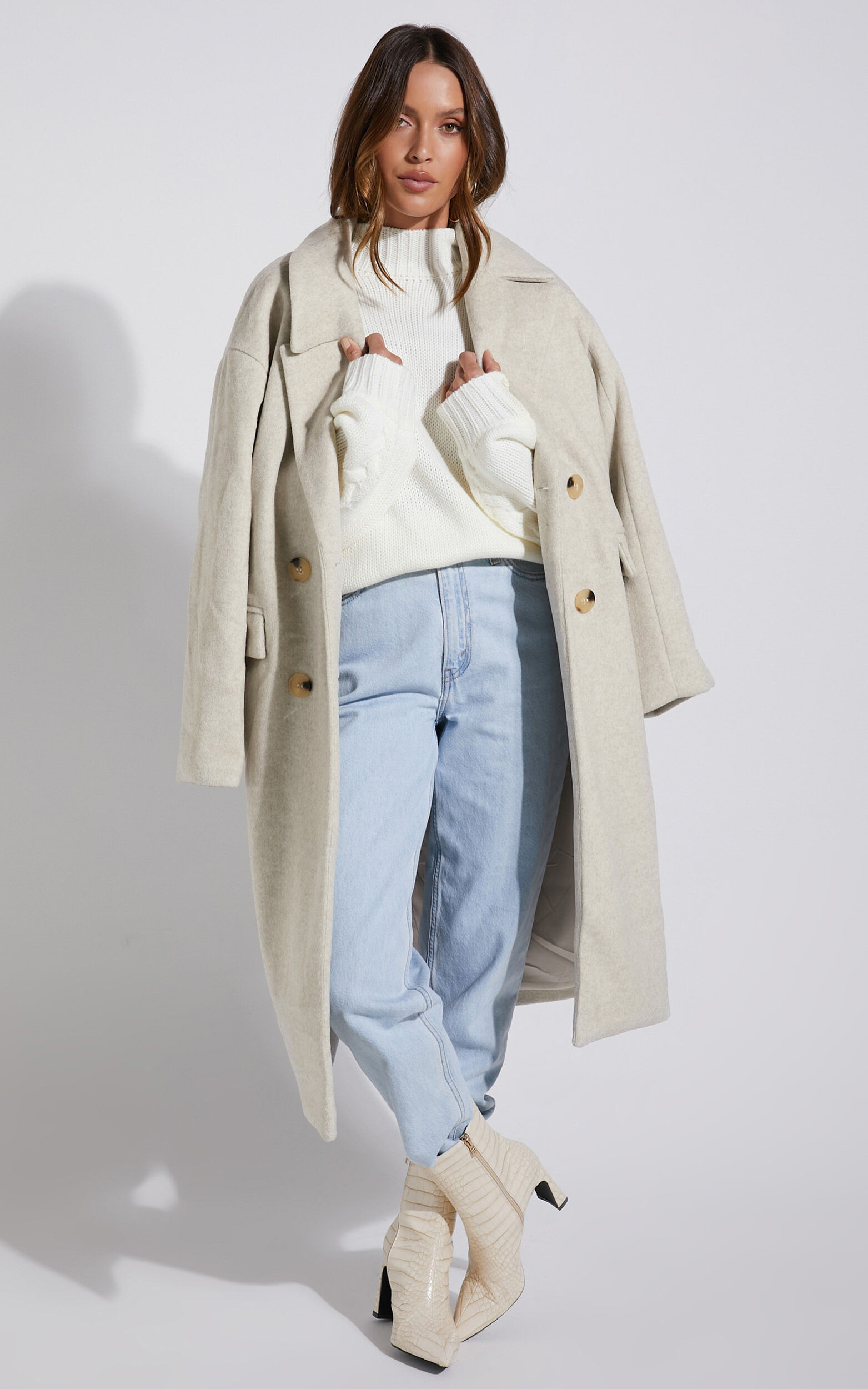 Libee Coat - Double Breasted Longline Coat in Oatmeal | Showpo (US, UK & Europe)