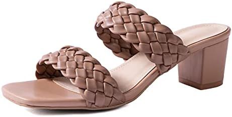 N.N.G Women Heels Sandals Woven Chunky Heels Braided Nude Square Toes Leather Comfortable Strappy... | Amazon (US)