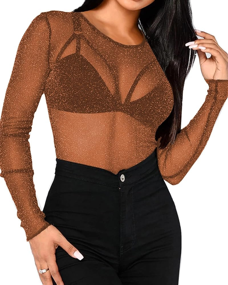BelleLovin Women's Sheer Mesh Tops Long Sleeve Glitter Sexy Tops See Through Blouses | Amazon (US)