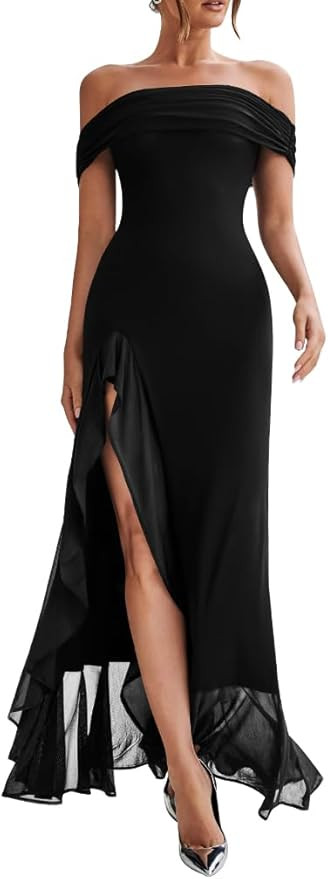 LAGSHIAN Formal Off Shoulder High Split Ruffle Maxi Dress | Amazon (US)