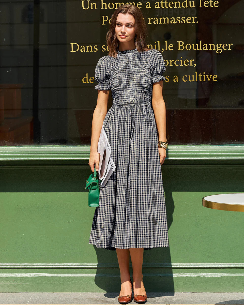 Blue Gingham Puffed Sleeve Midi Dress & Reviews - Blue - Dresses | RIHOAS | rihoas.com