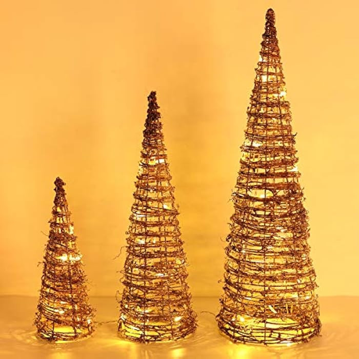 Lewondr Christmas Cone Trees, Set of 3 Christmas Tree with Lights and Winding Rattan Vine(24"/18"/12 | Amazon (US)