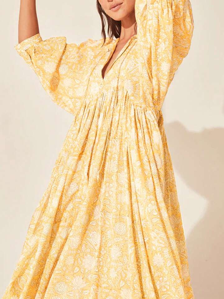 All-Over Printed Tie-Neck Lantern Sleeve Dress, Fashionable Casual Daily Wear | SHEIN USA | SHEIN