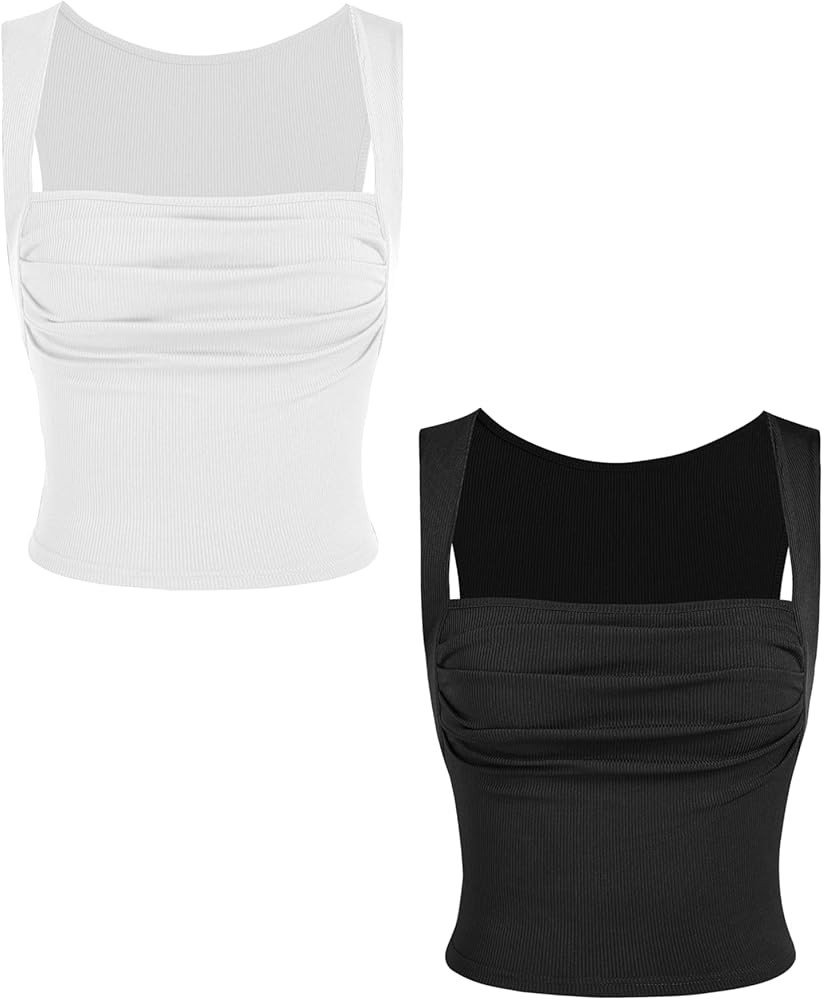 CIDER 2 Pack Solid Ruched Square Neck Crop Top | Amazon (US)