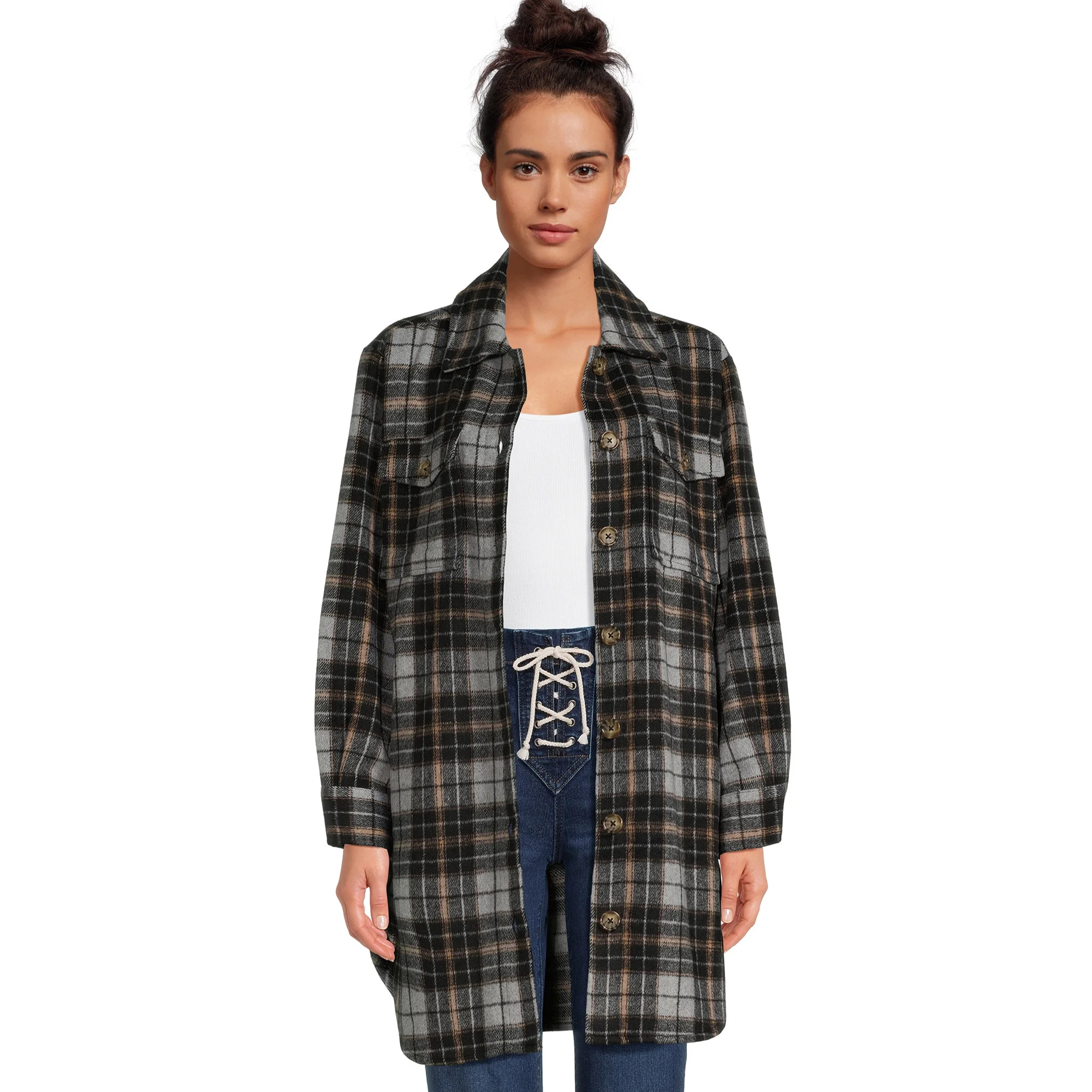 Time and Tru Women's Long Line Plaid Shacket, Sizes XS -XXXL | Walmart (US)