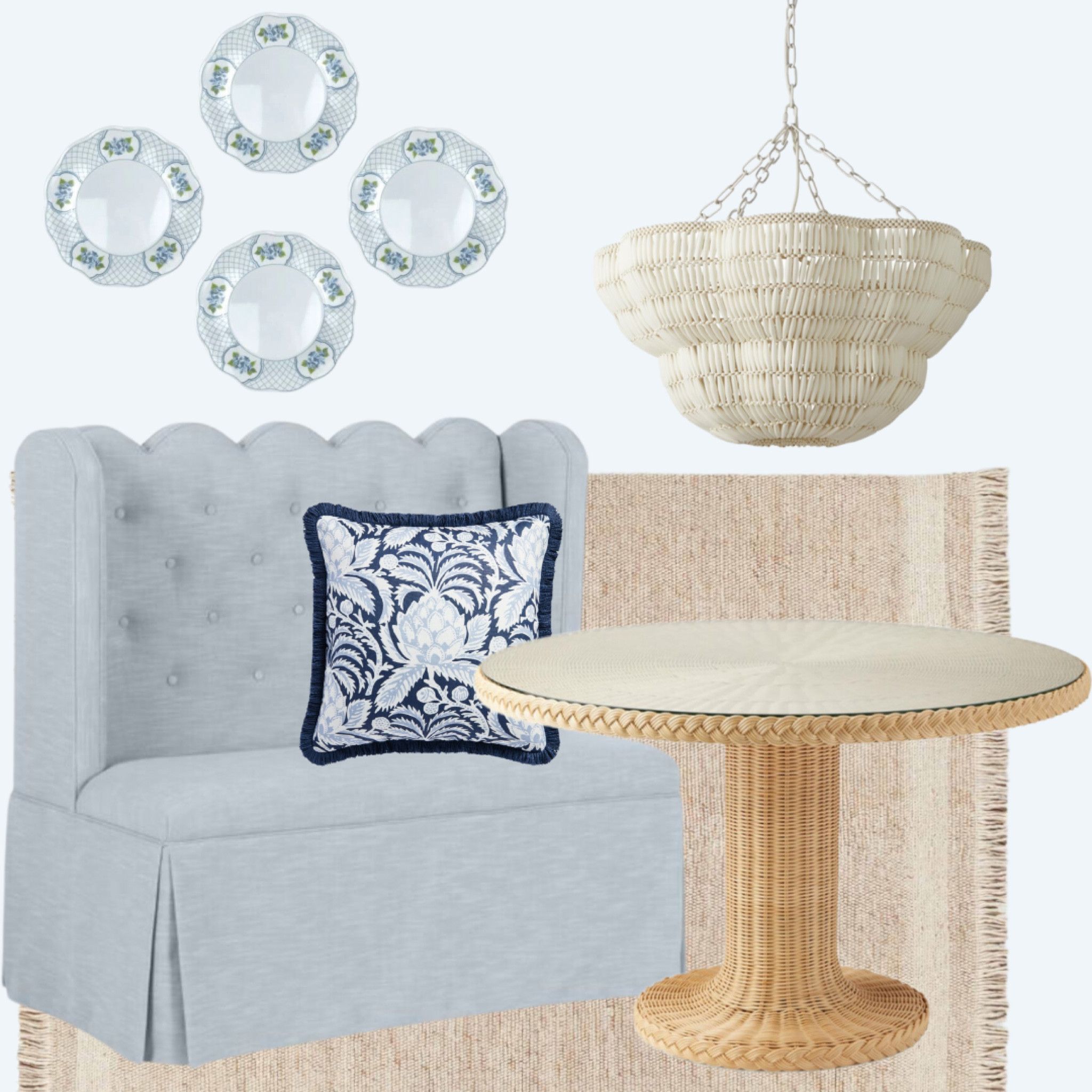 Kitchen nook with scalloped banquette

Serena and Lily, Kitchen, kitchen table, kitchen light, banquette, bench, upholstered bench, plate wall, floral plates, rug, jute rug, area rug, kitchen rug, rattan, rattan table, coastal, coastal decor, one kings lane 

#LTKhome