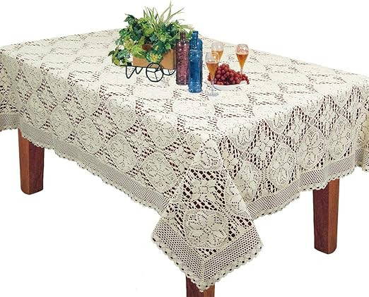 Creative Linens Crochet Lace Tablecloth 60x104" Rectangular Knitted Table Cloth Cotton Beige | Amazon (US)
