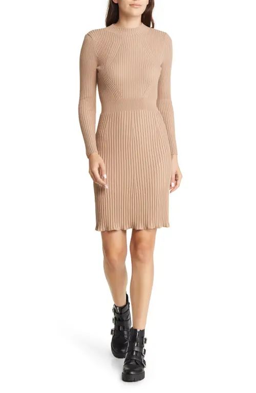 Area Stars Ruffle Hem Ribbed Long Sleeve Cotton Sweater Dress in Tan at Nordstrom, Size Small | Nordstrom