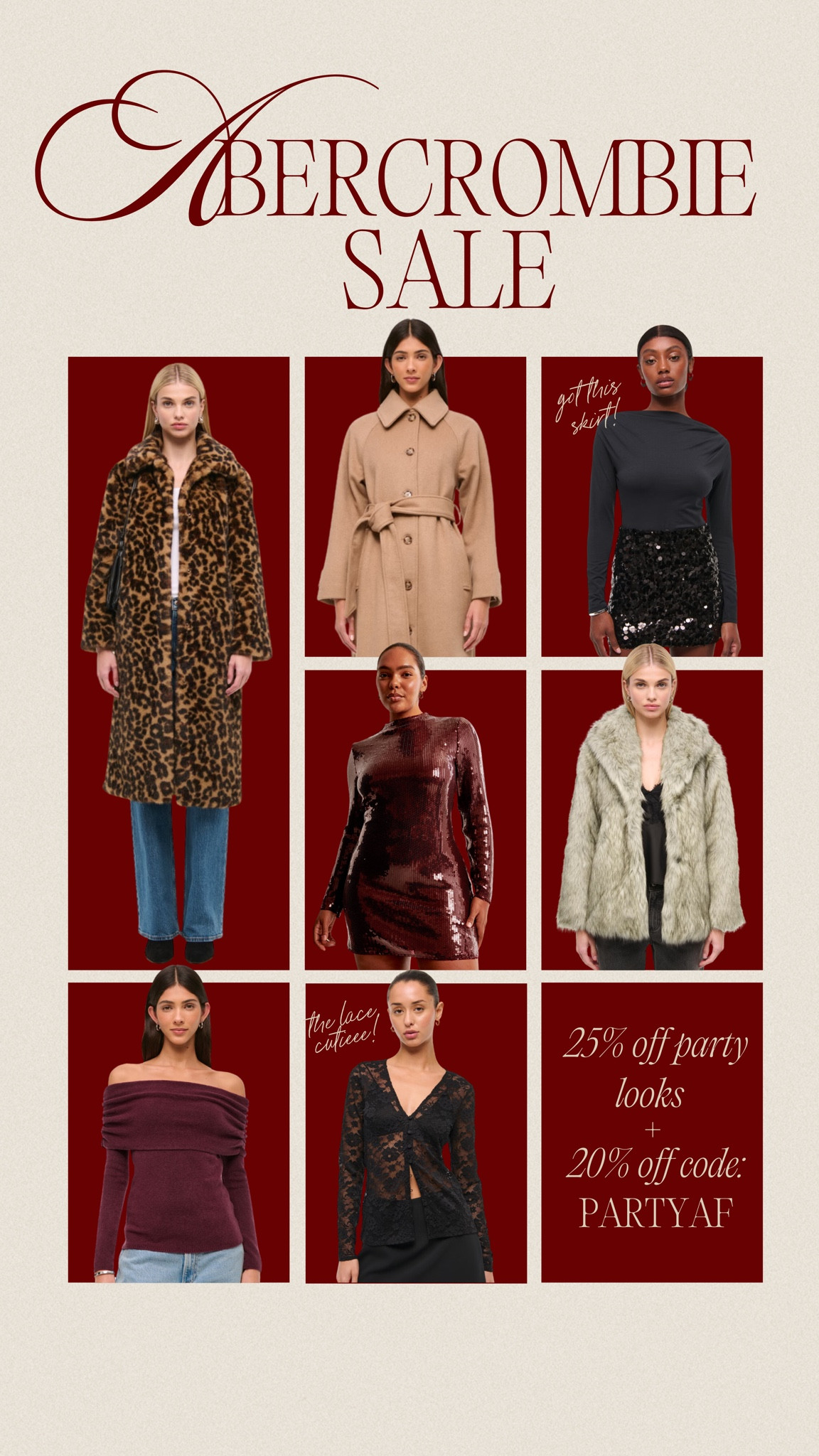 Abercrombie sale 2 days only! Party outfits 25% off plus additional 20% off with code PARTYAF #sale #holiday #abercrombie 

#LTKMidsize #LTKHoliday #LTKSaleAlert