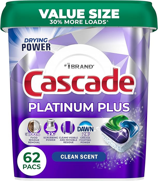 Cascade Platinum Plus Dishwasher Pods, Dish Detergent Soap, Clean Scent, 62 Count | Amazon (US)