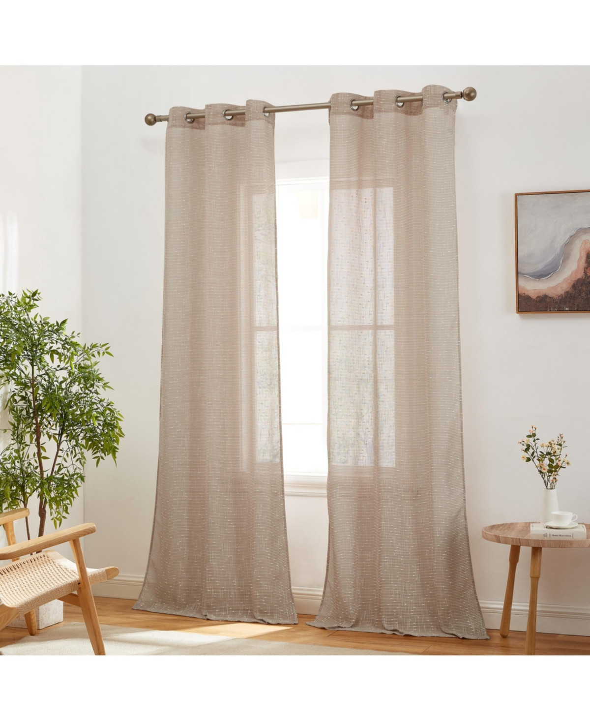 Hlc.me Emily Faux Linen Semi Sheer Light Filtering Transparent Grommet Lightweight Window Curtains Drapery Panels, 2 Panels - Taupe | Macy's